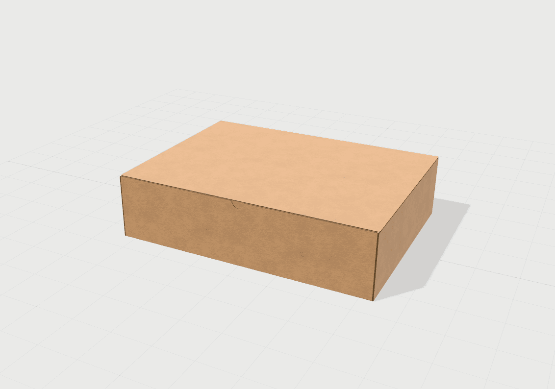 Bản xem trước 3D của một chiếc hộp màu kraft đã đóng, có khấc ngón tay ở nắp trước, đặt trên lưới