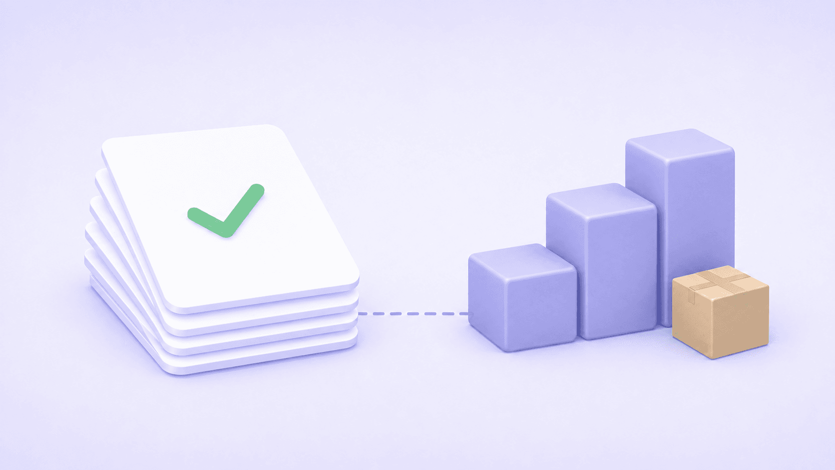 A stack of white quotation sheets with a green check on the top one, connected by a dashed line to three rising periwinkle steps beside a kraft box.