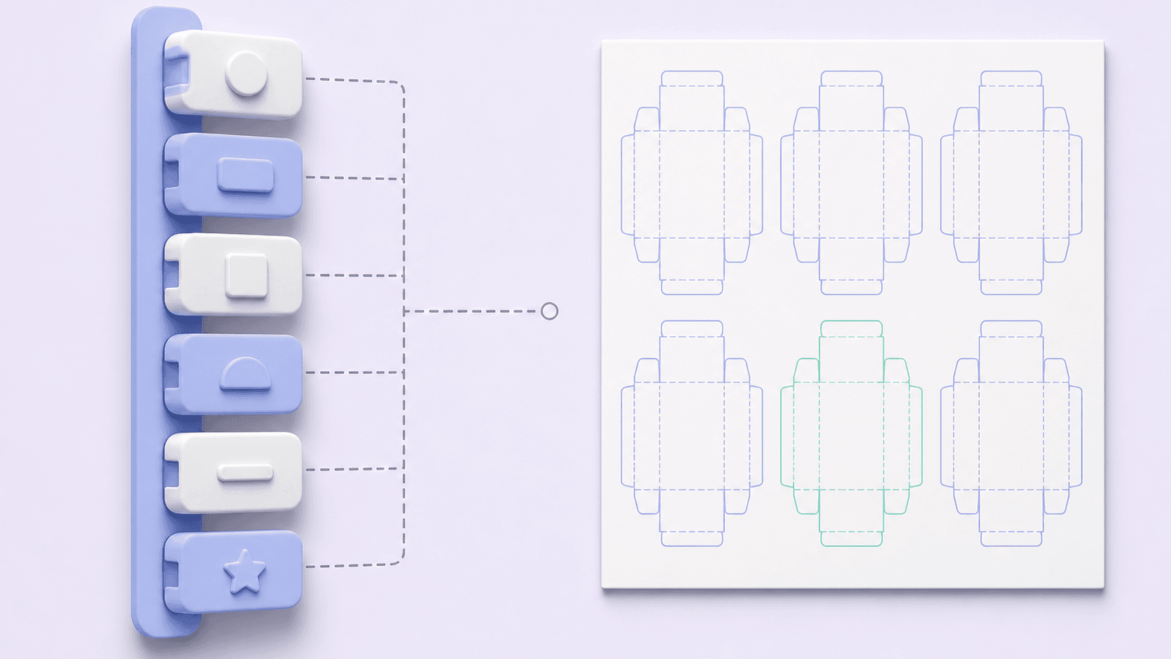 A configurator assembling a product from option blocks beside a sheet of nested blanks it cannot read